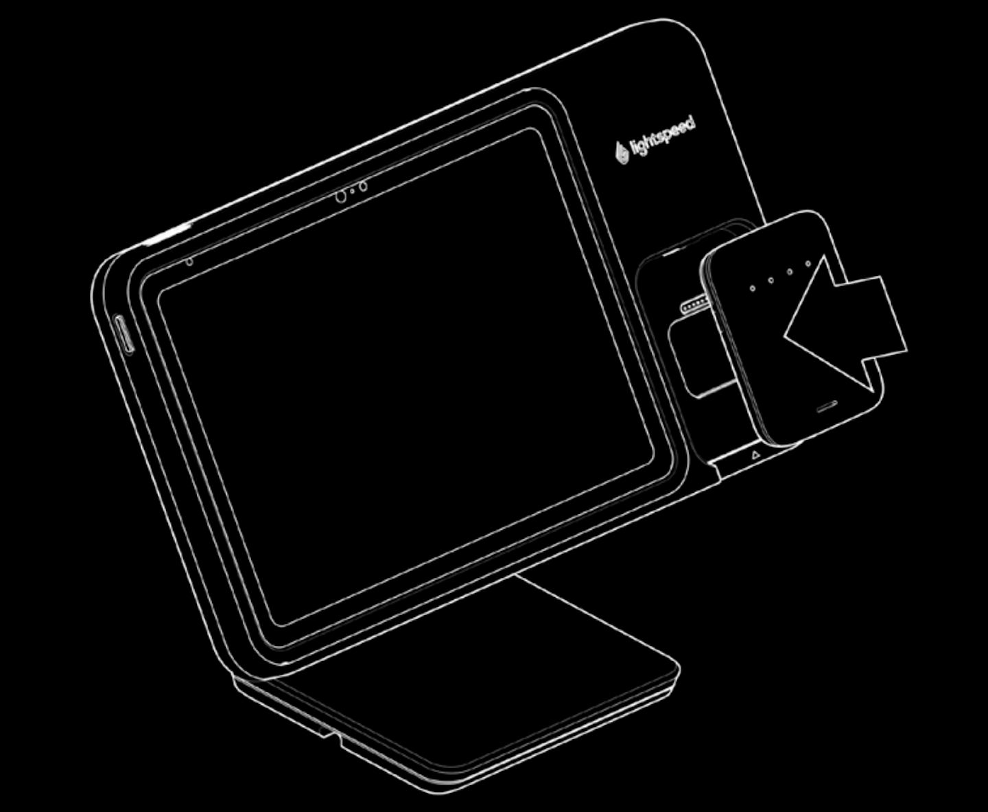 Illustration représentant le Support Lightspeed avec dispositif de paiement intégré, le lecteur Mobile Tap est installé dans l’emplacement prévu à cet effet.