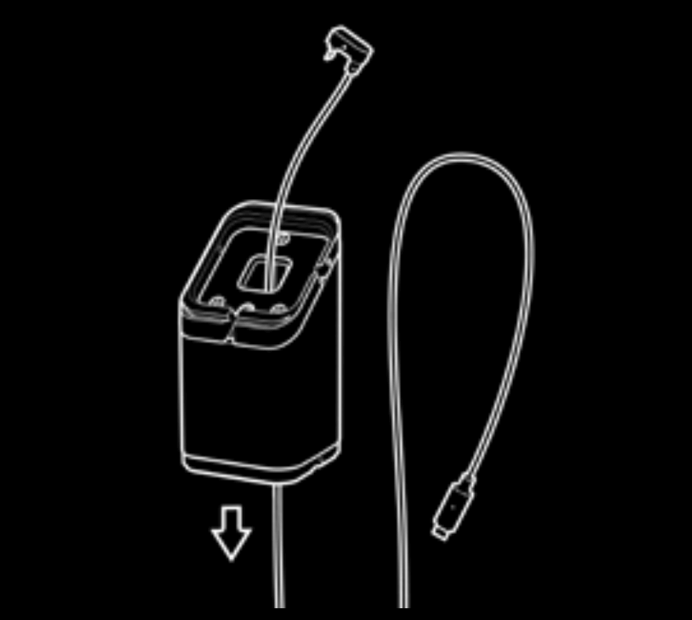 Illustration représentant le câble passant dans le trou prévu à cet effet sur le Support universel pour tablettes.
