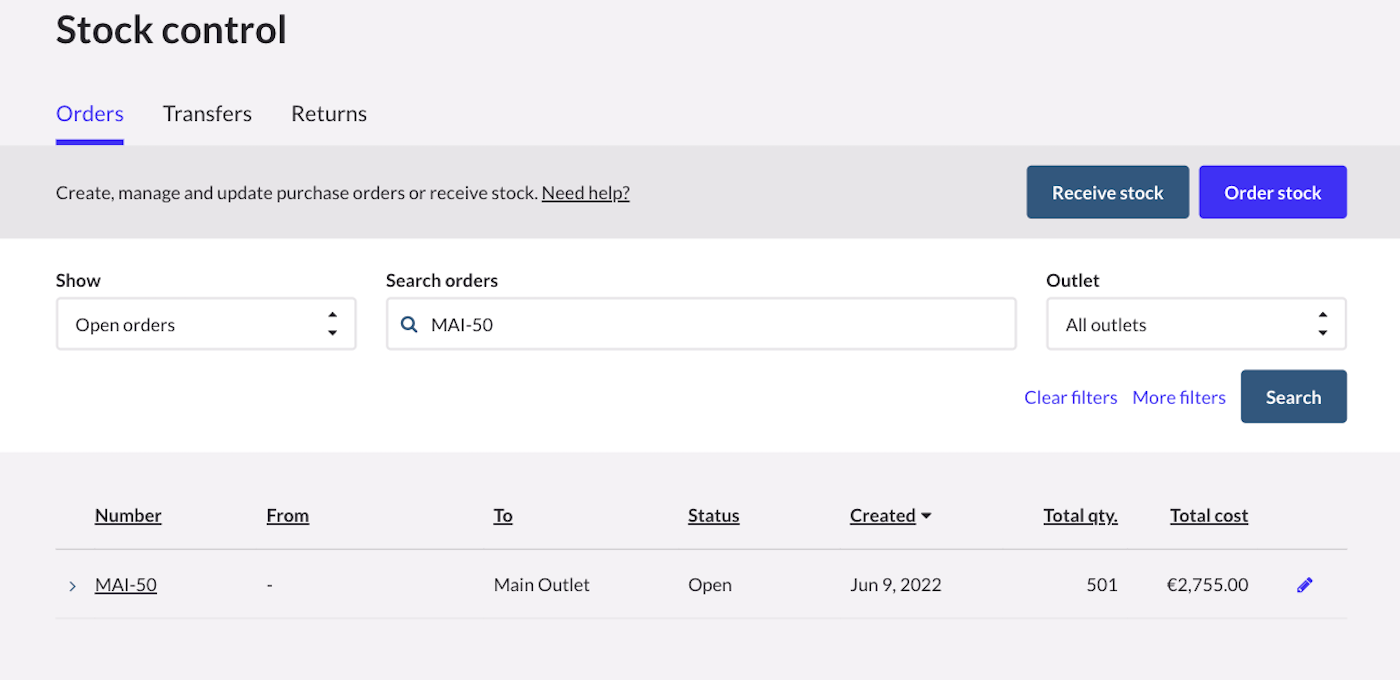 Page Gestion des stocks
