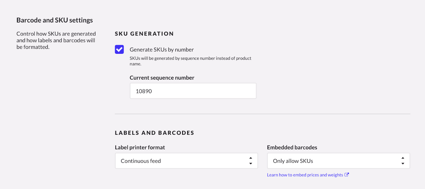 Section Codes à barres et UGS à la page Configuration générale