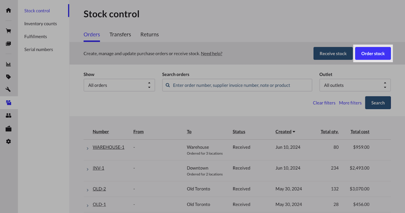 Page Gestion des stocks avec le bouton Commander des stocks mis en surbrillance.