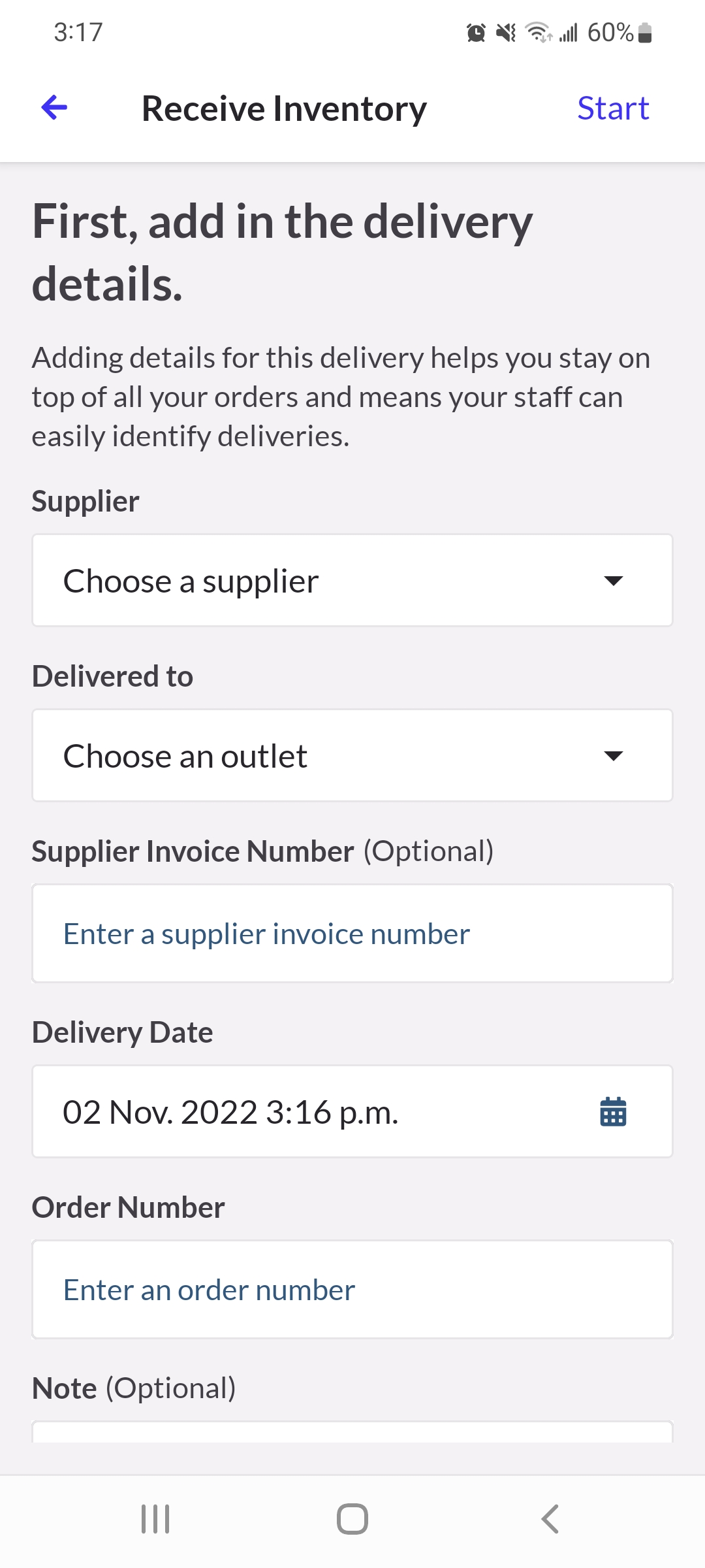 Page montrant les détails d’une nouvelle commande de stocks avec des champs à remplir.