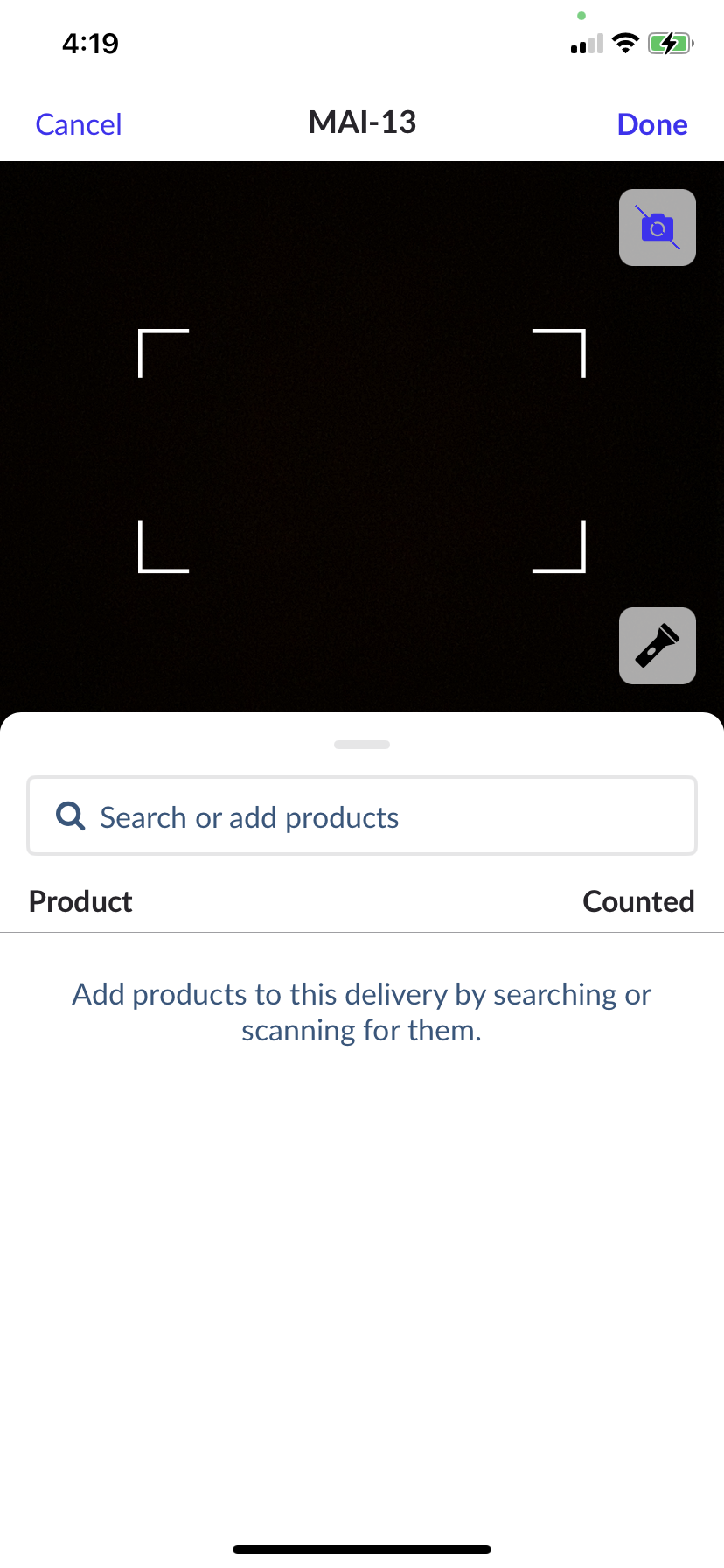 Page d’une nouvelle commande de stocks. L’appareil photo arrière est activé afin de numériser des codes à barres.