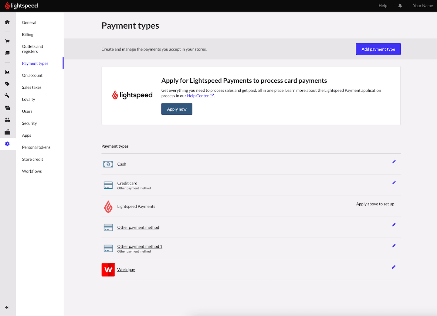 Page contenant une liste des types de paiement disponibles