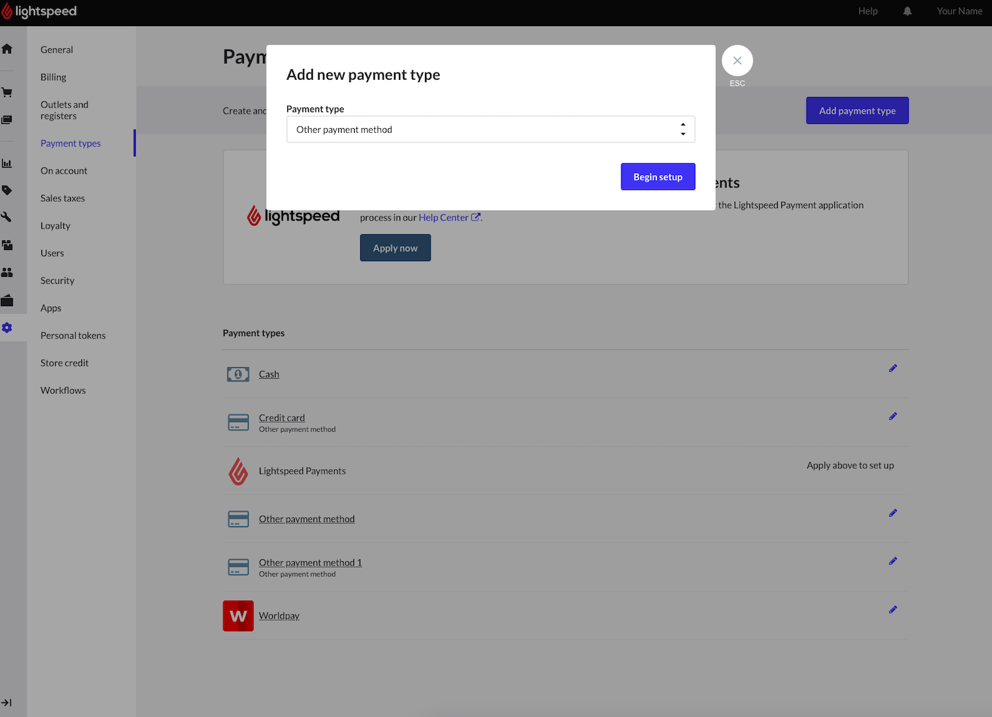 Le type de paiement est sélectionné et l’option Démarrer la configuration est disponible.