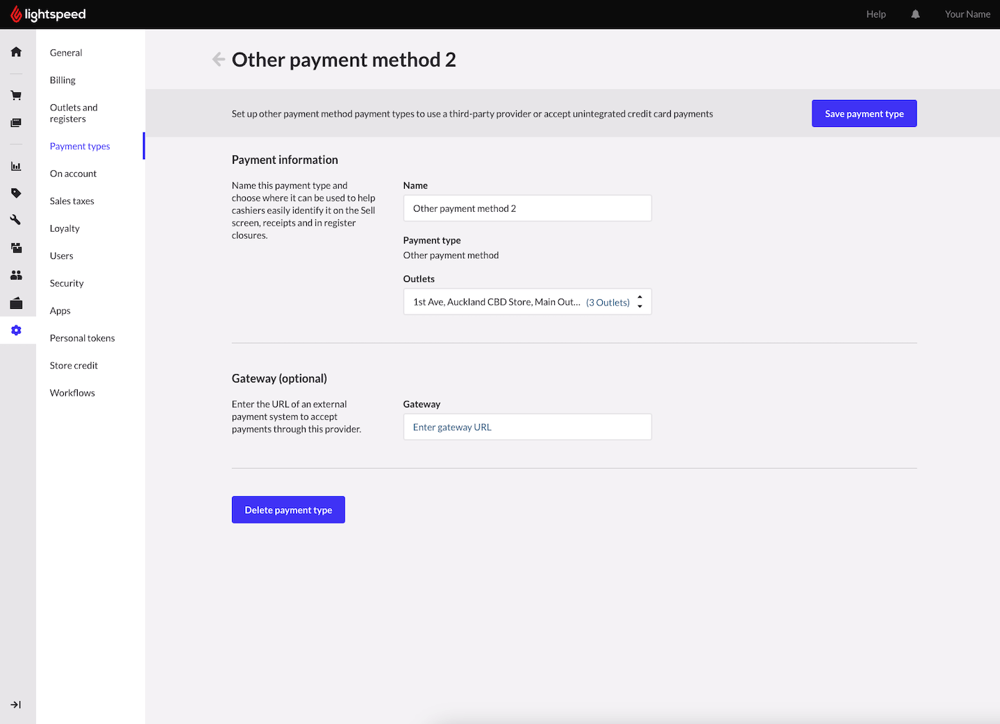 Page d’un nouveau type de paiement, sur laquelle on voit le champ Nom, une option permettant de choisir un ou plusieurs établissements où ce type de paiement sera proposé et un champ permettant de saisir l’URL de la passerelle.