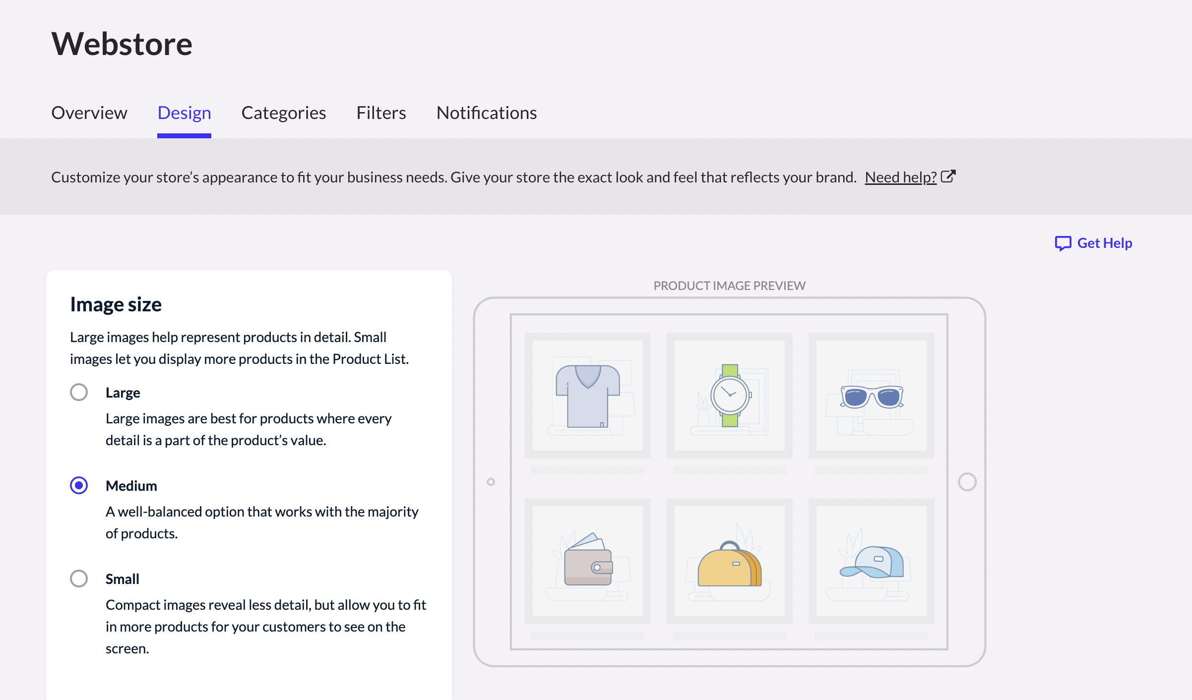 Affichage des options disponibles sur la page de conception de la boutique en ligne