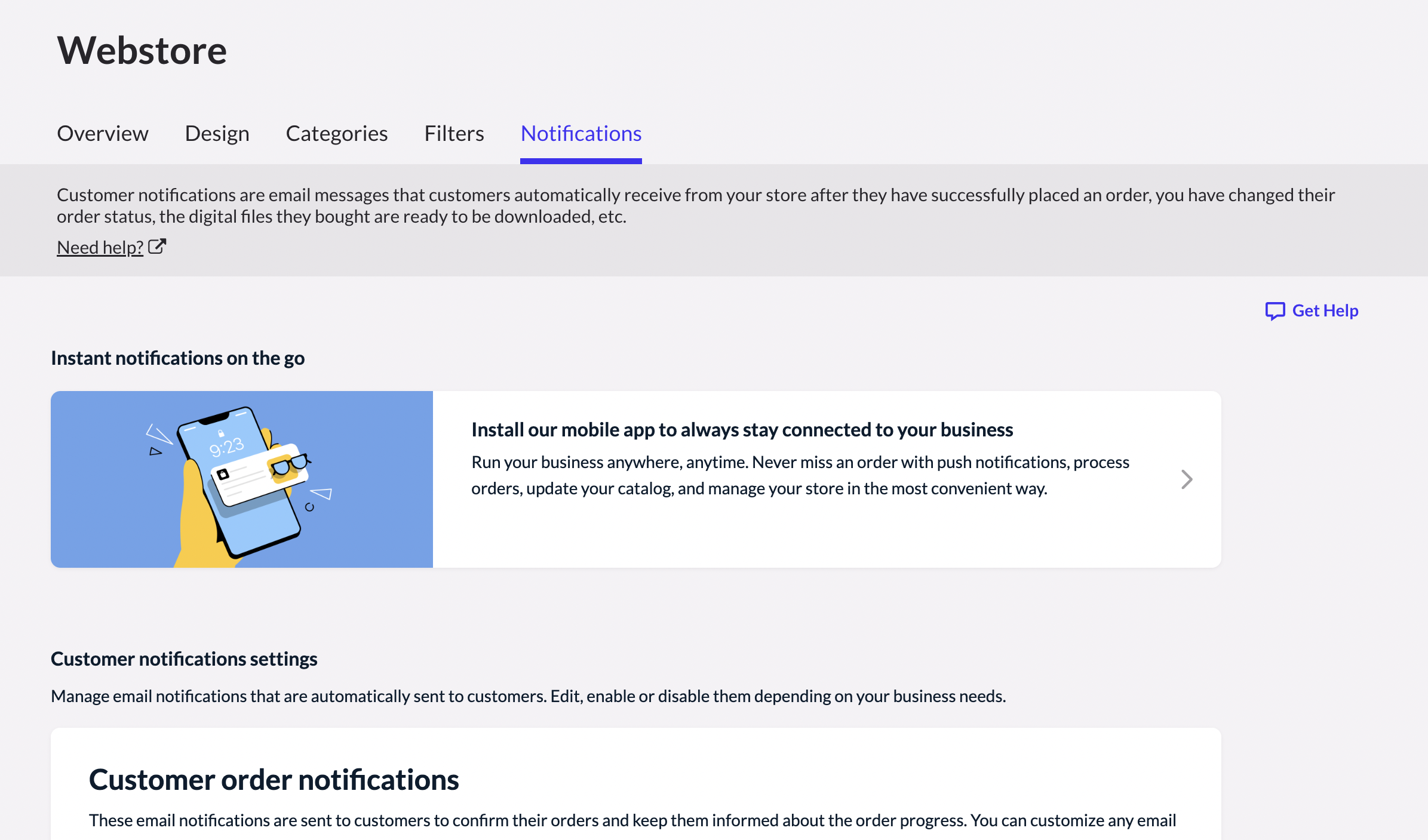 Affichage des options disponibles sur la page des notifications de la boutique en ligne