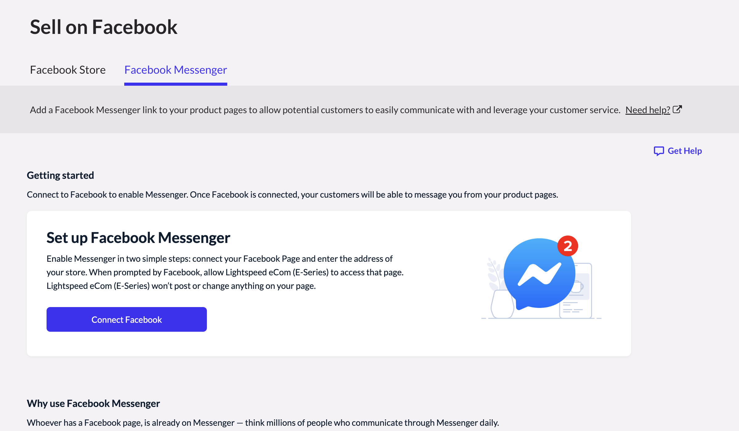 Affichage des options disponibles sur la page Facebook Messenger
