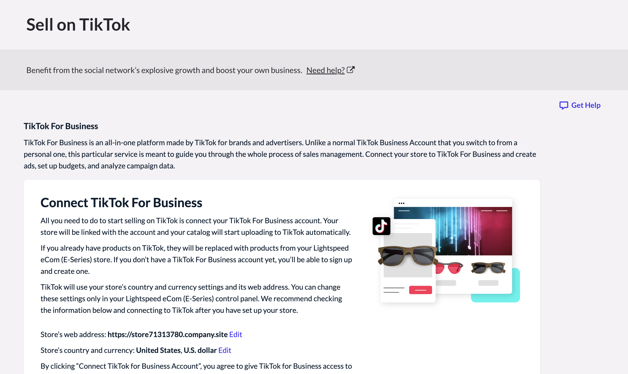 Affichage des options disponibles sur la page TikTok