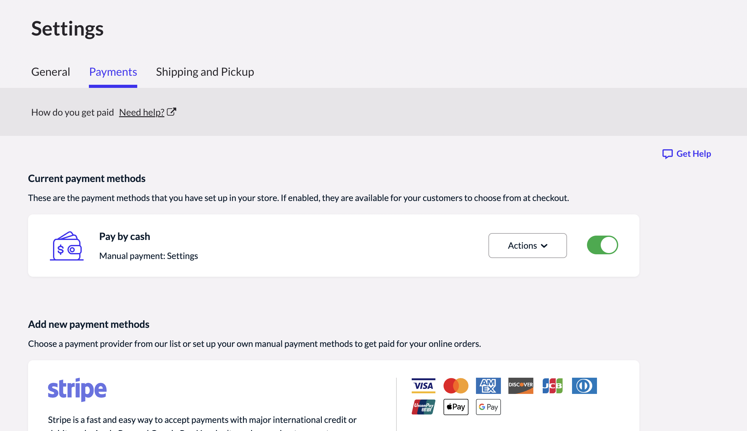 Affichage des options disponibles sur la page des paramètres de paiement