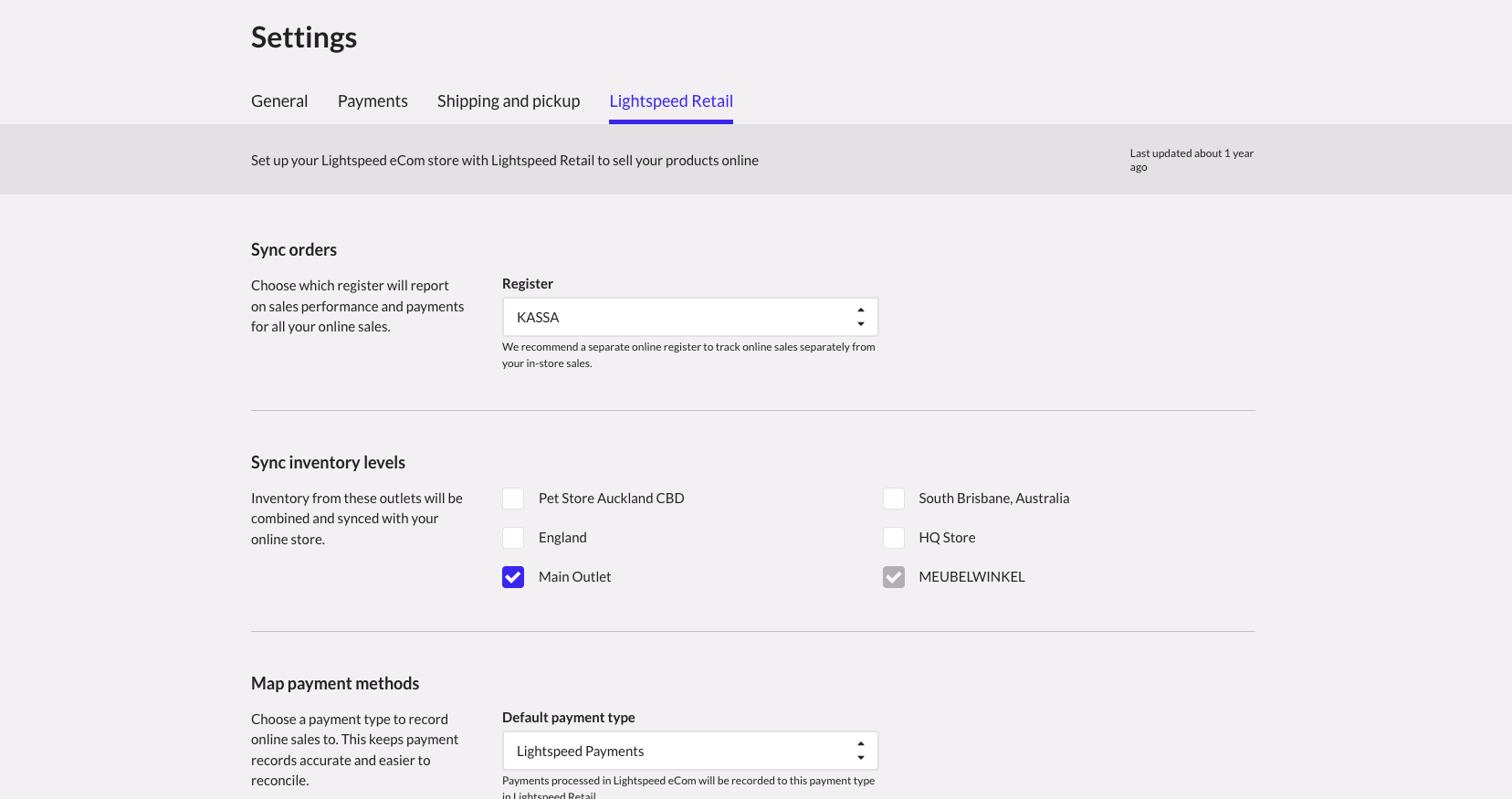 Affichage des options disponibles sur la page des paramètres d’intégration Lightspeed détaillants
