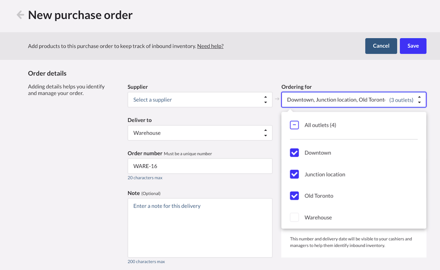 Ordering for dropdown expanded showing outlets to order for.