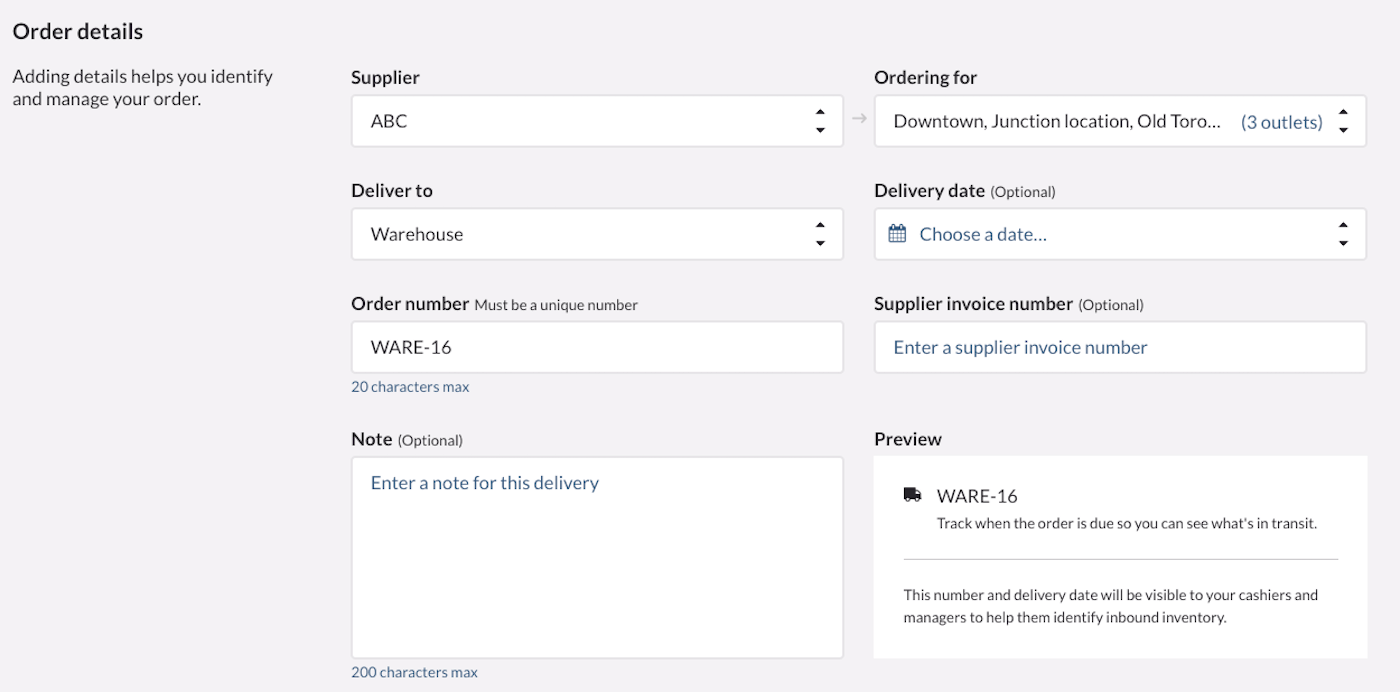 Order details fields.