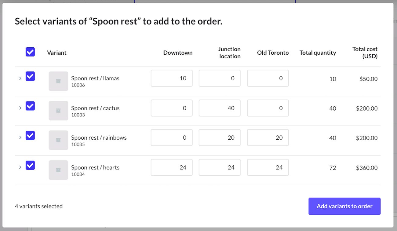 Adding variants modal with fields to add quantity per location.
