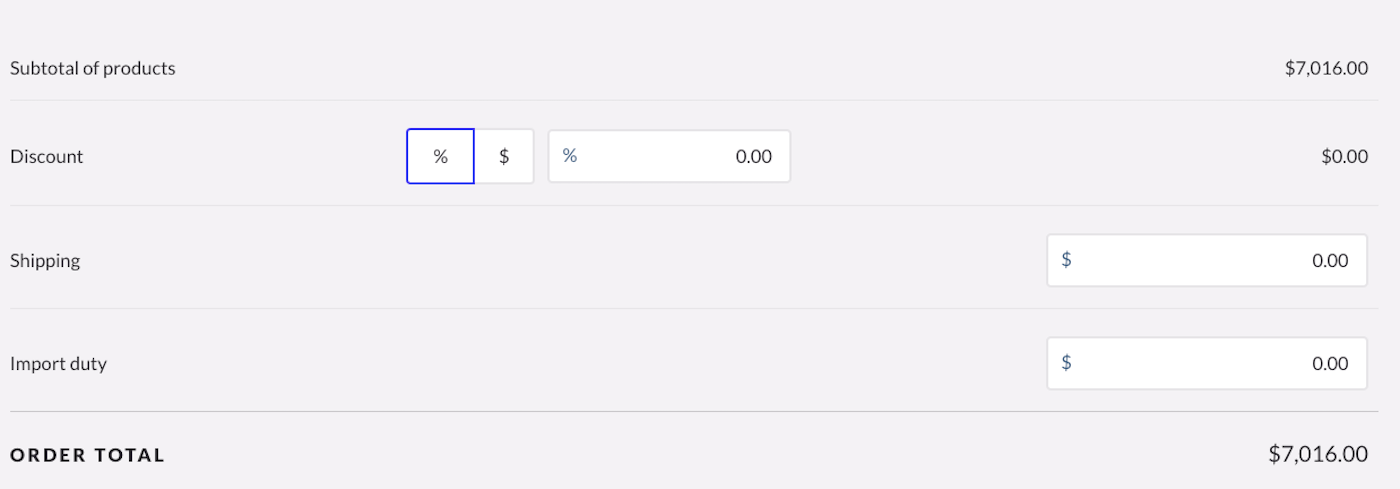Section to record any discounts or costs associated with the order.