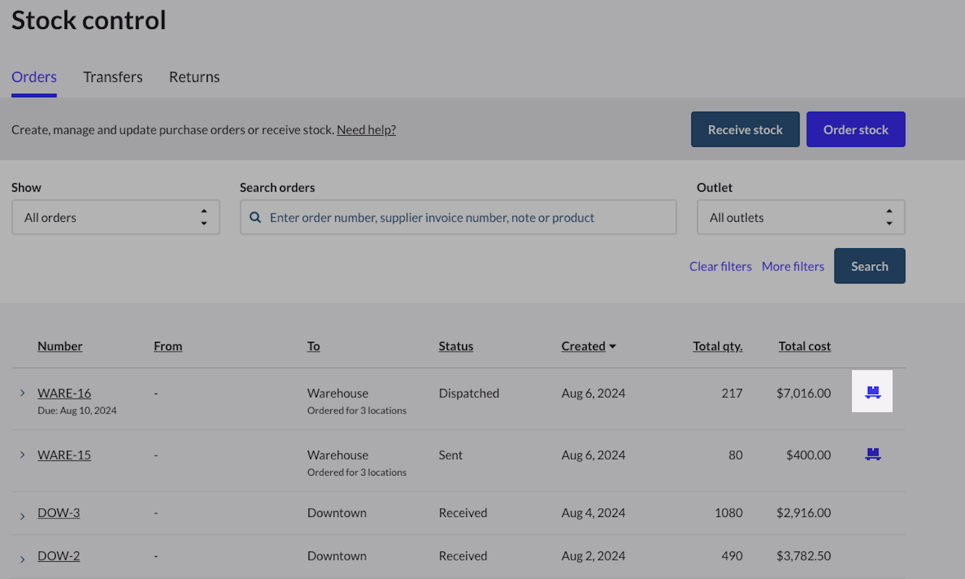 Receive order icon beside purchase order highlighted.