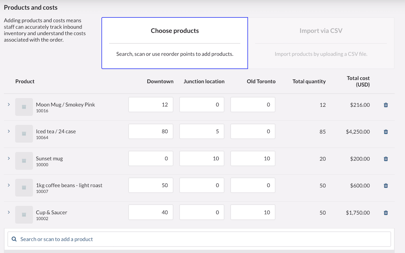 Items added to a purchase order with the search or scan for products bar.