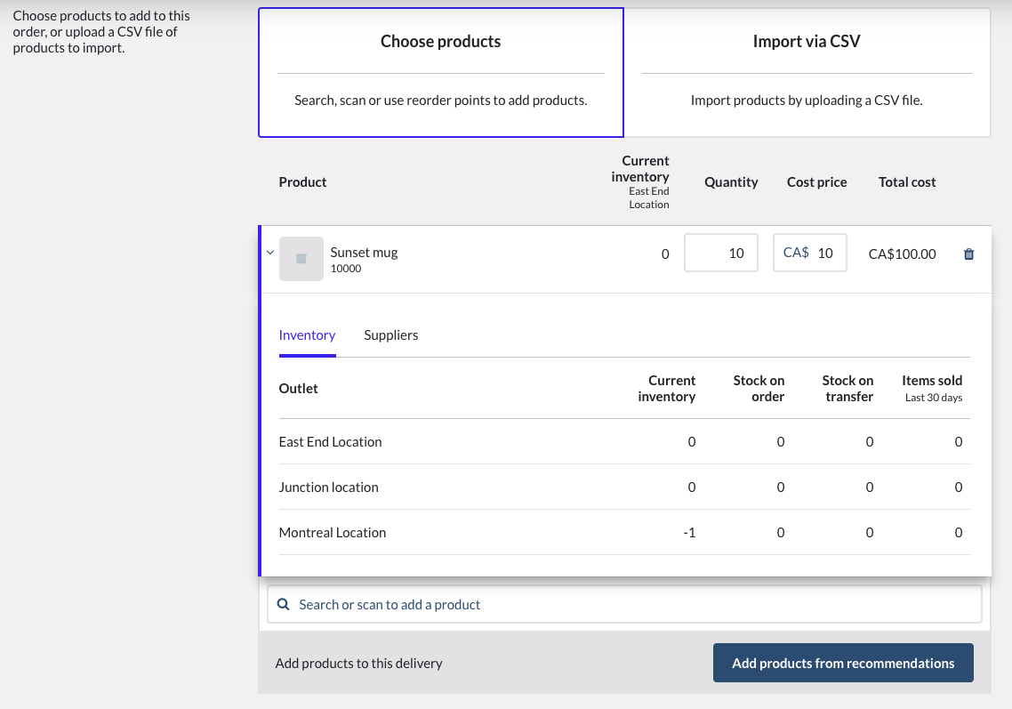 Expanded product view showing inventory across all locations.