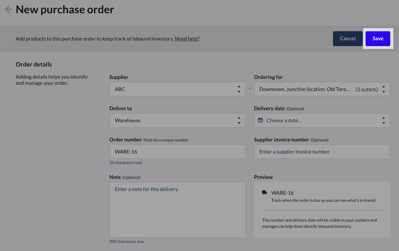 Purchase order ready to send with save button highlighted.
