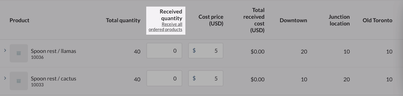 Receive all ordered products button highlighted.