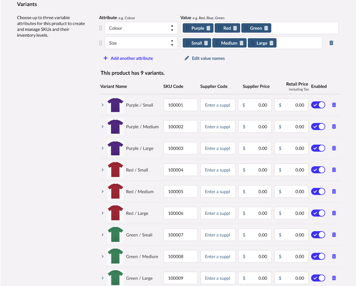 Variants section with list of variant products shown.