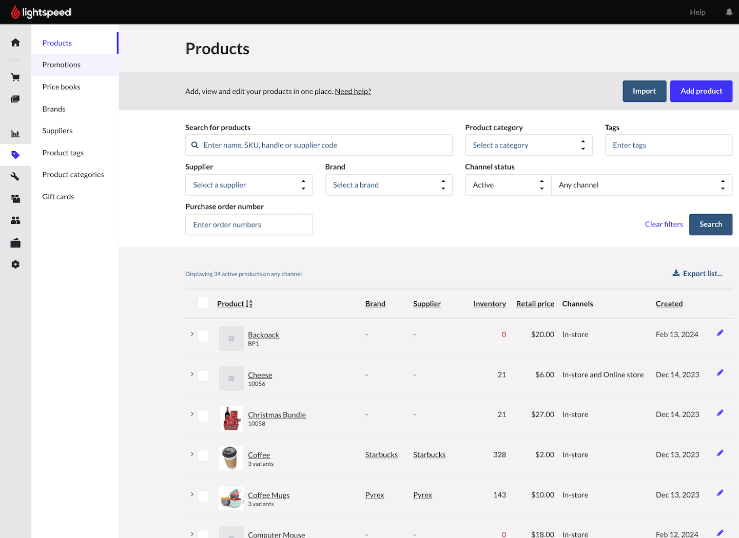 Aperçu de la page Produits.
