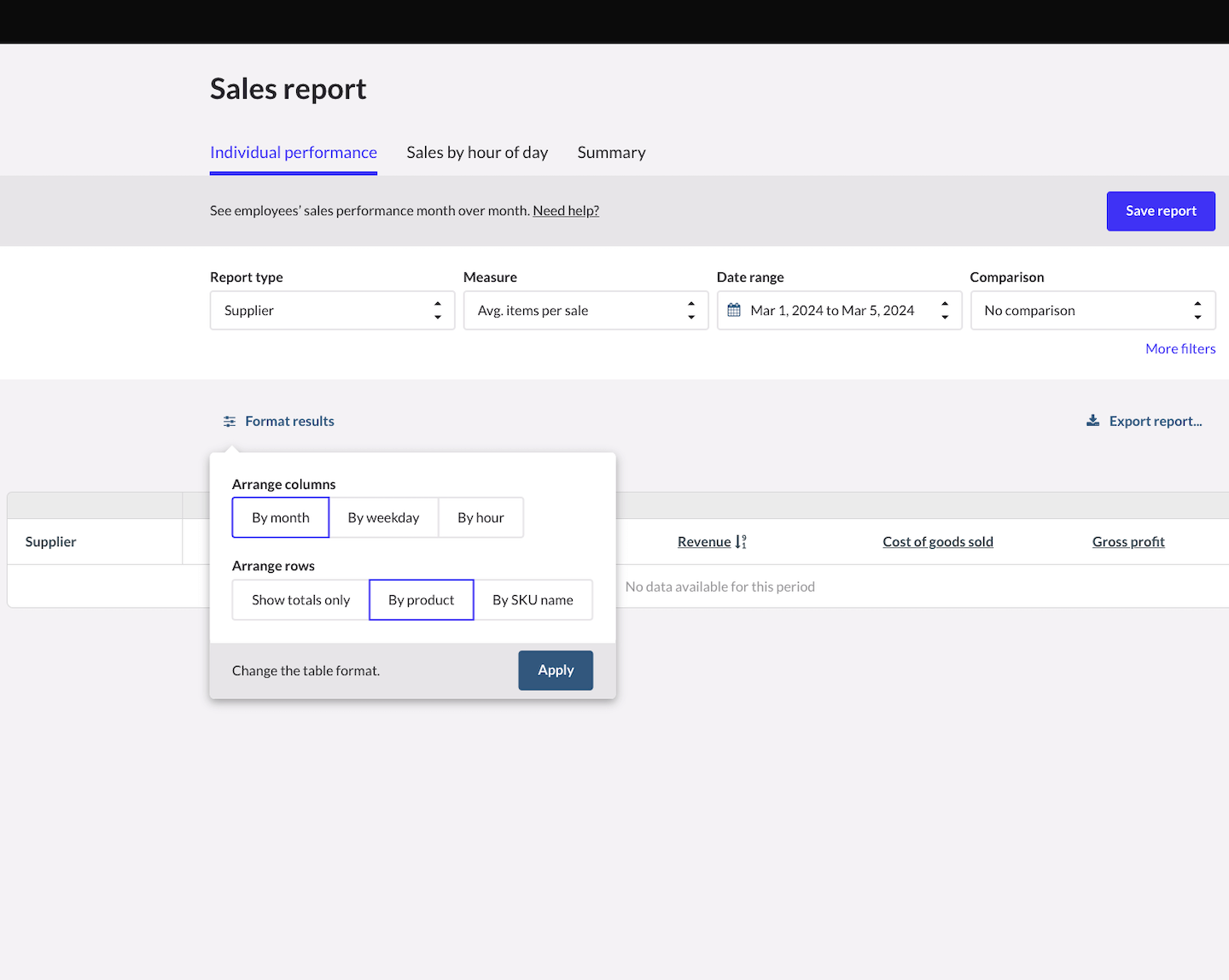 Page Rapport de vente, le menu déroulant Formater les résultats est visible.