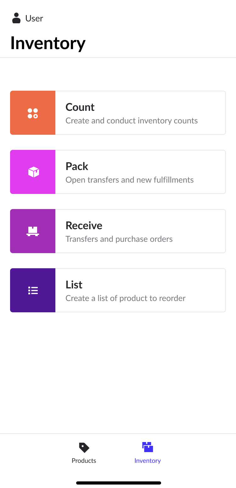 Inventory tab with options for count, pack, receive and list