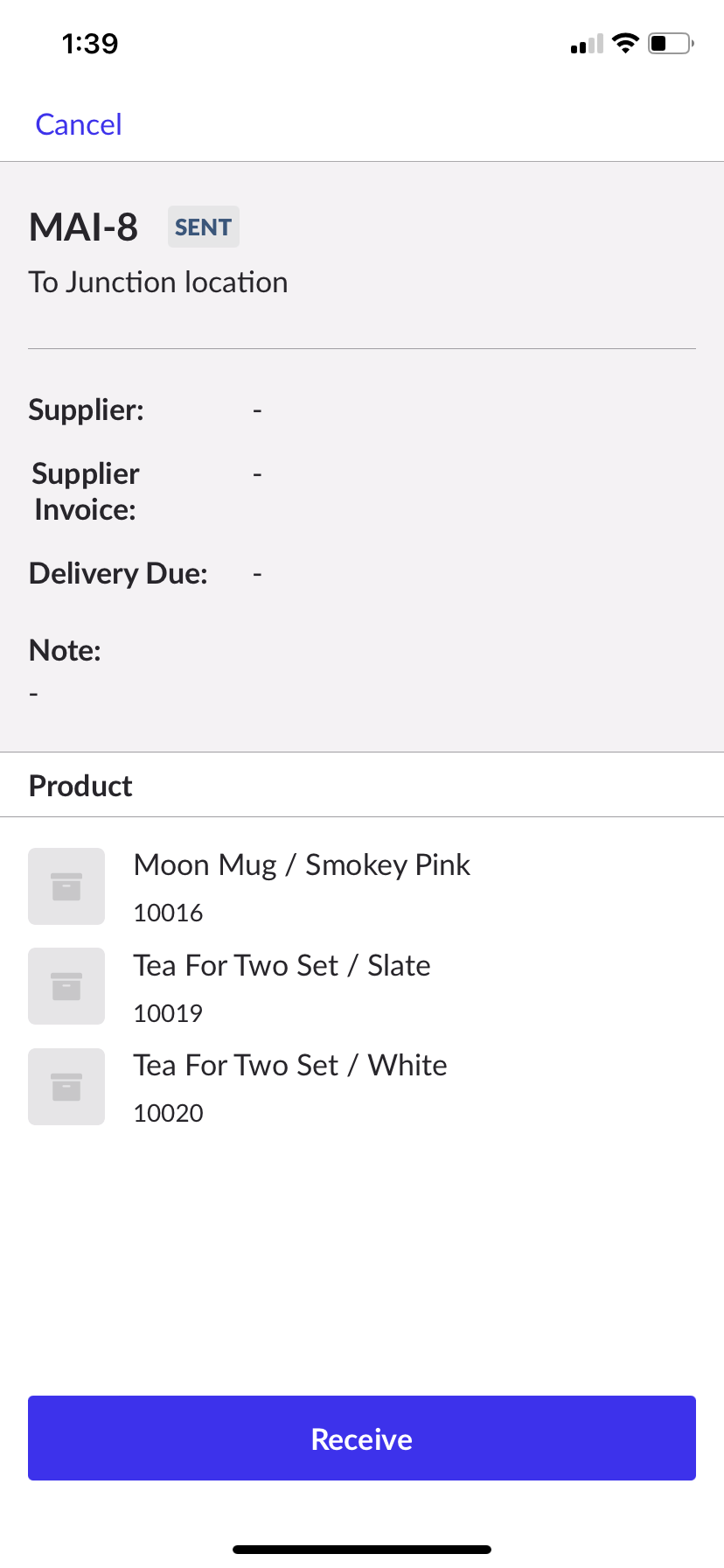 Receive inventory screen showing the order to be received.