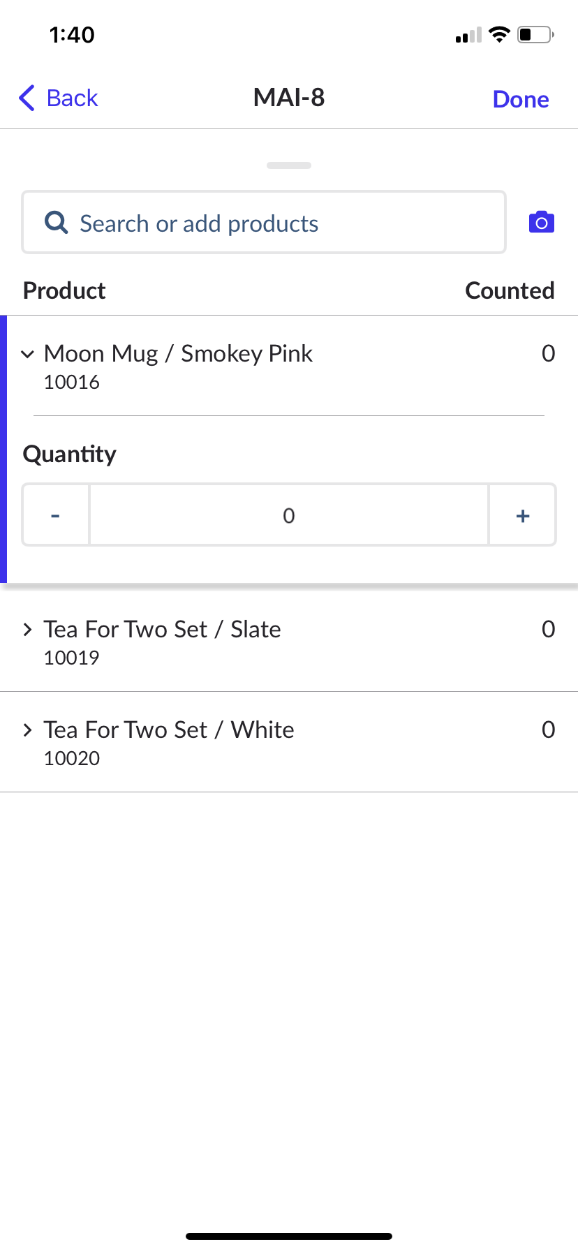 Invoice being received showing the manual product count feature.
