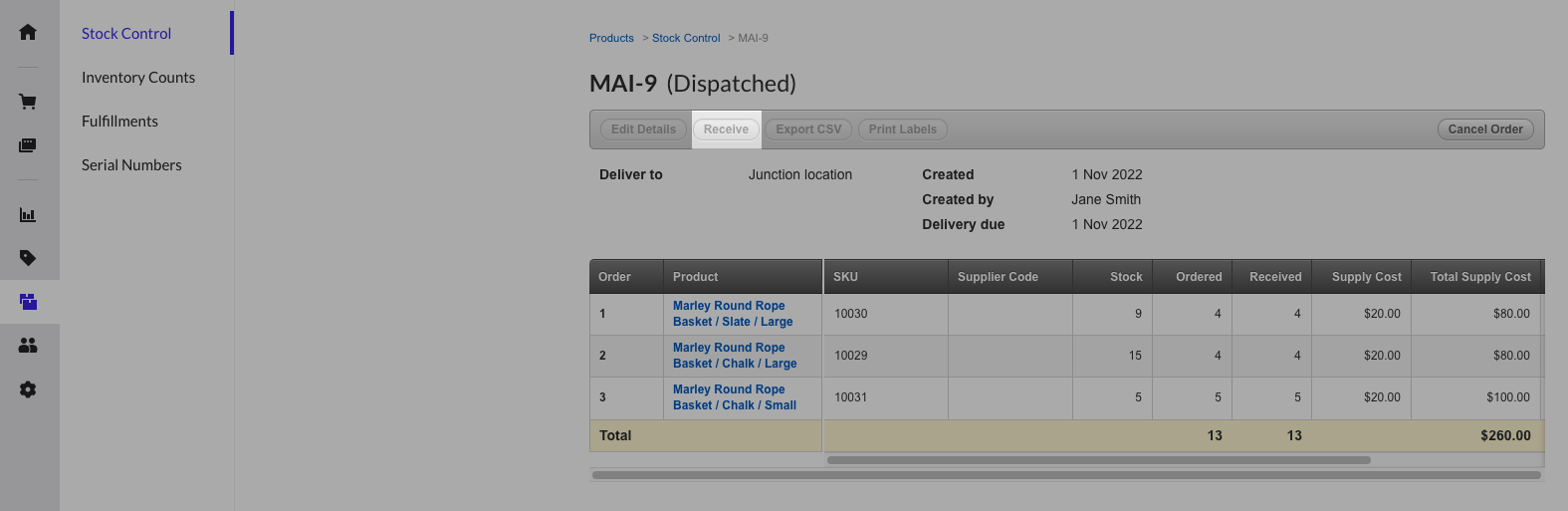 The order in Retail POS. The Receive button highlighted.