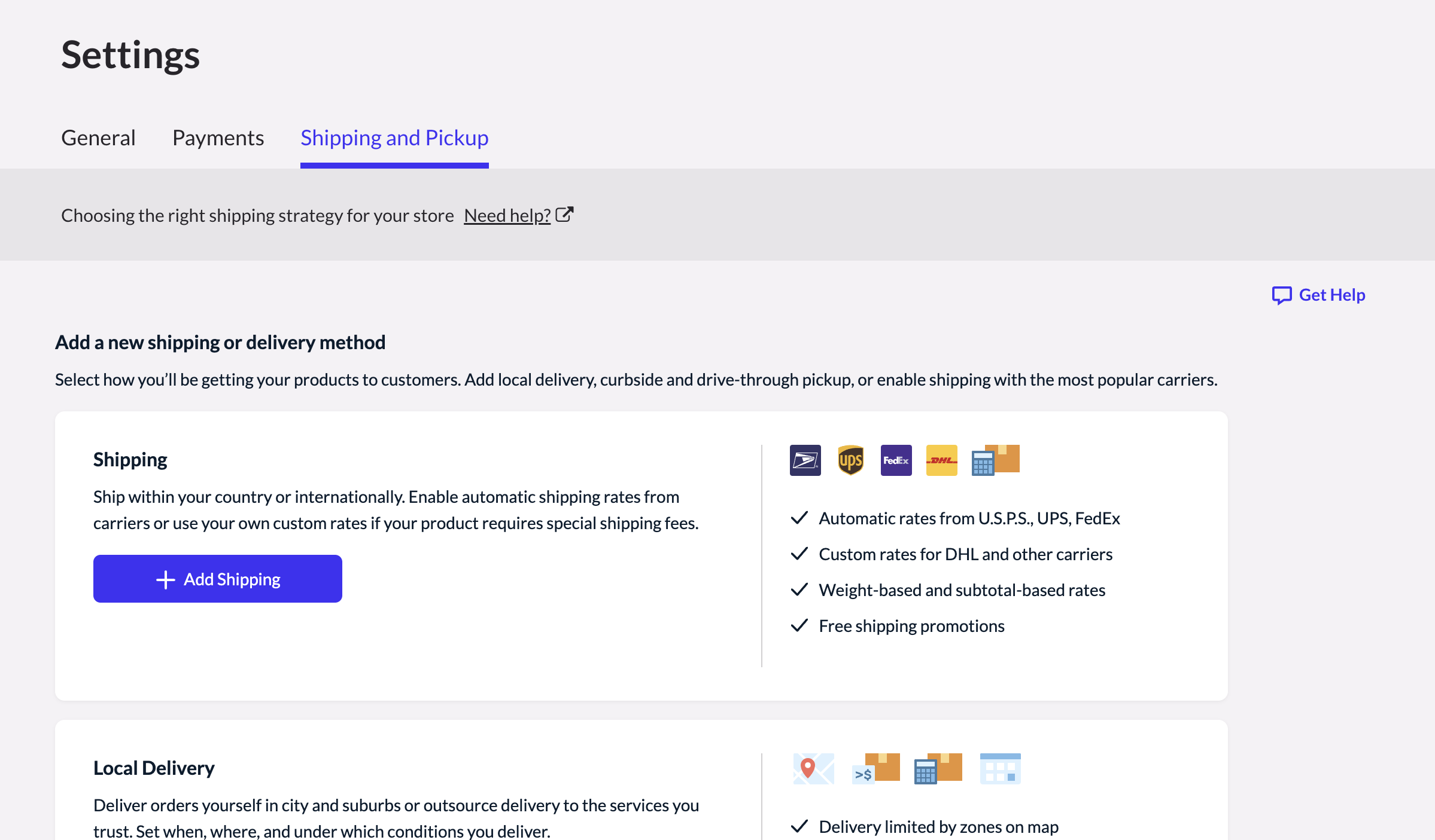 Showing the options available on the shipping and pickup settings page