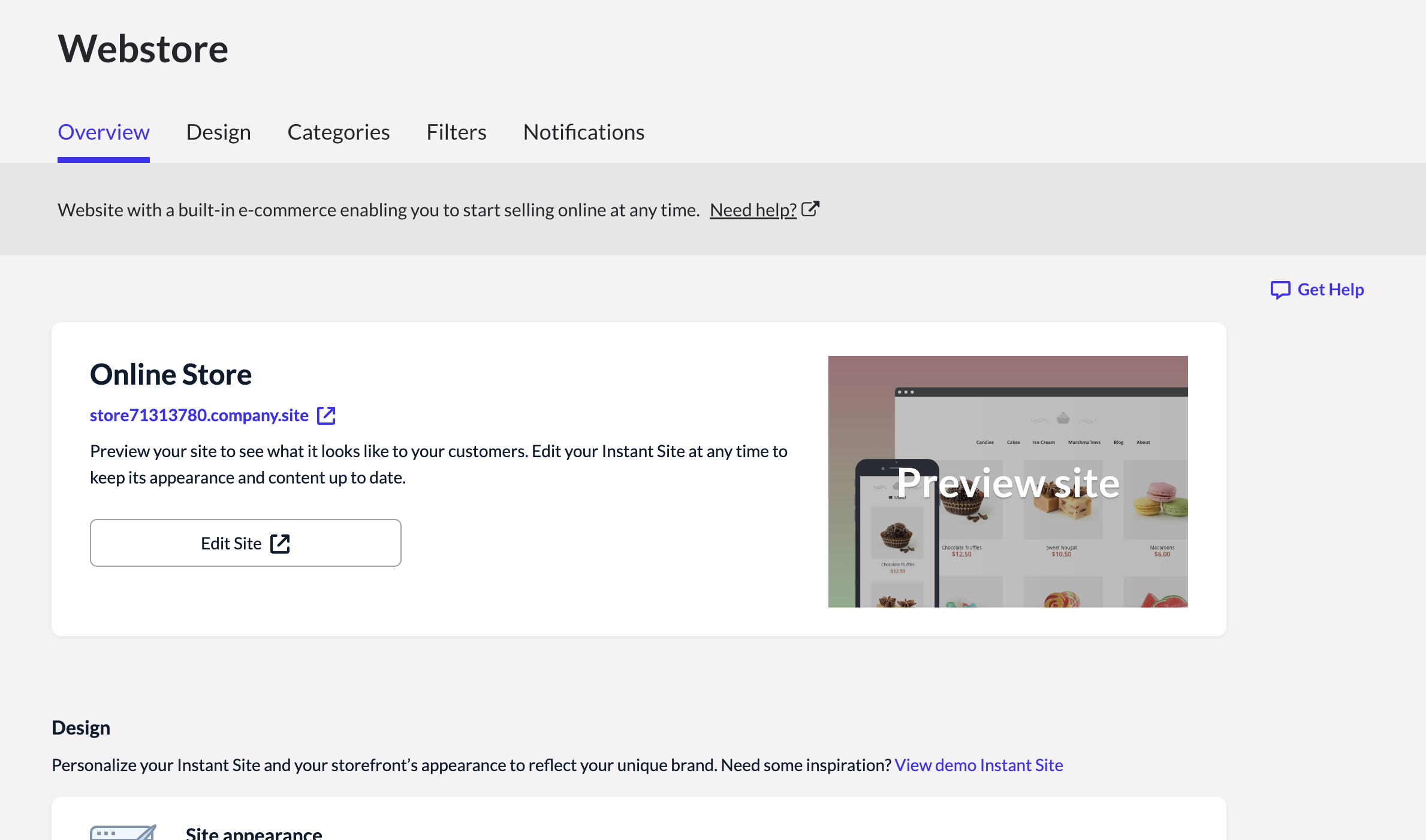Showing the options available on the webstore overiew page