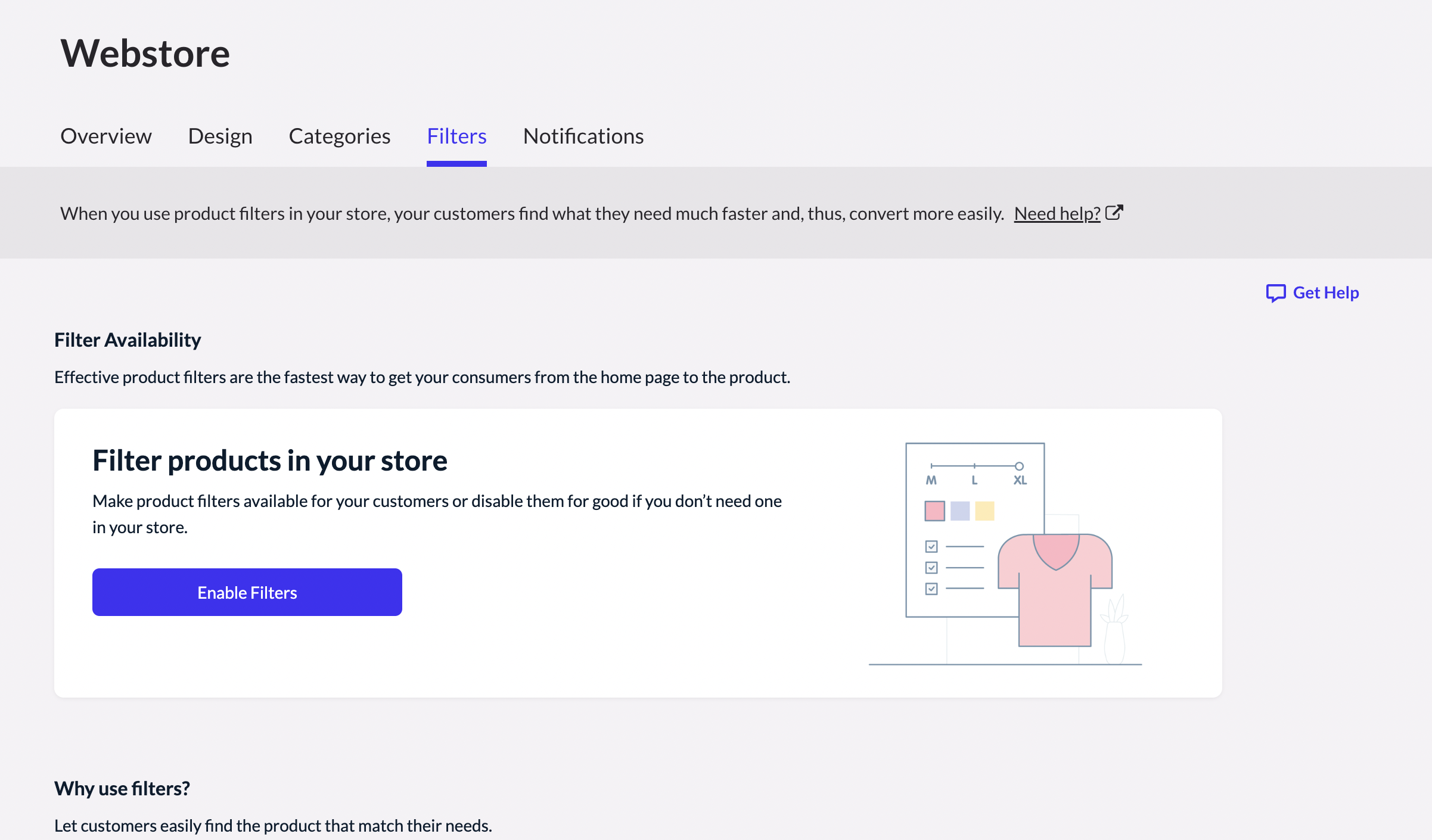Showing the options available on the webstore filters page