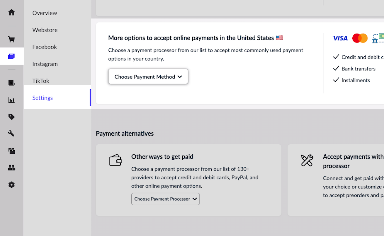 Onglet Vente en ligne, l’option Paramètres et la section Plus d’options pour accepter les paiements en ligne sont mises en évidence.