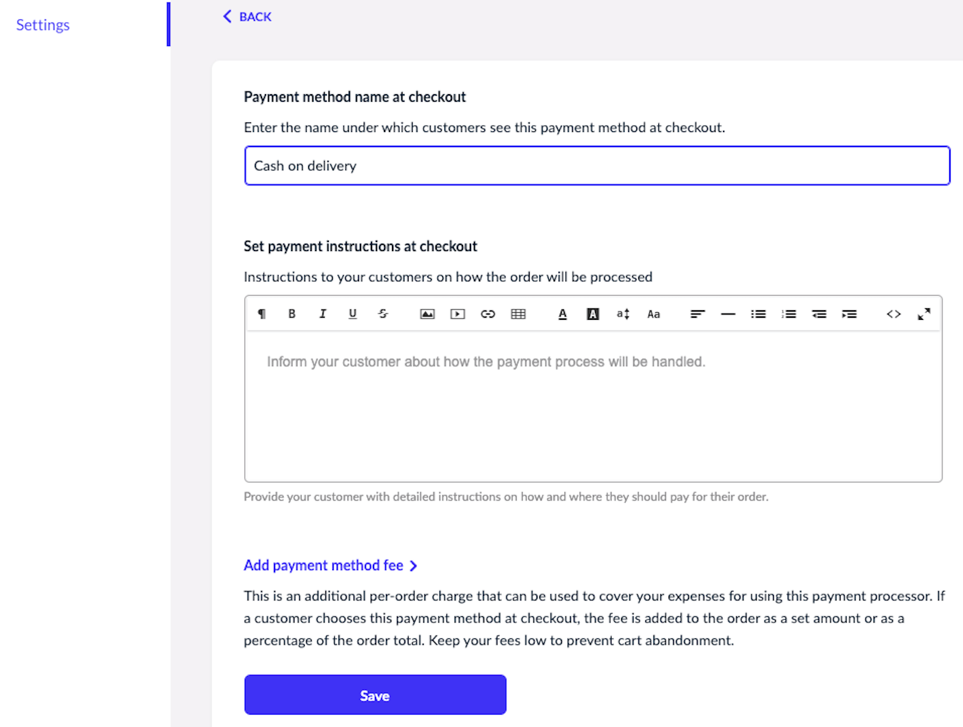 Sections Nom du mode de paiement lors du passage de la commande‍ et Définissez les instructions à la finalisation de l’achat‍.