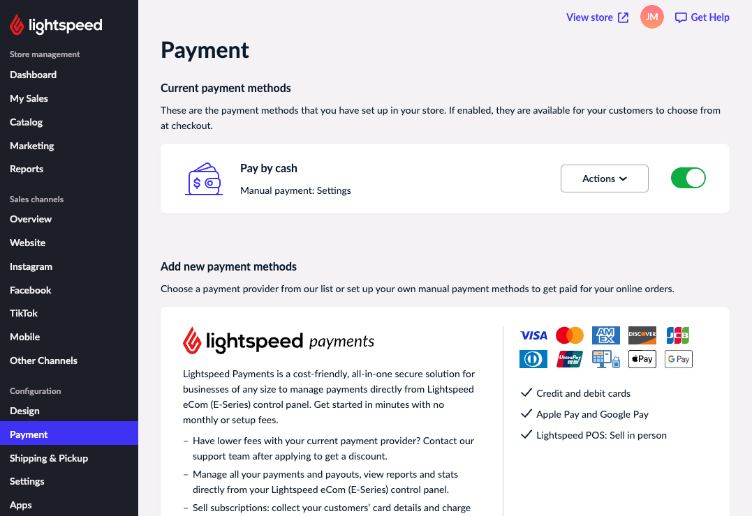 Page Paiement, les sections Moyens de paiement actuels et Ajoutez de nouveaux moyens de paiement sont visibles.