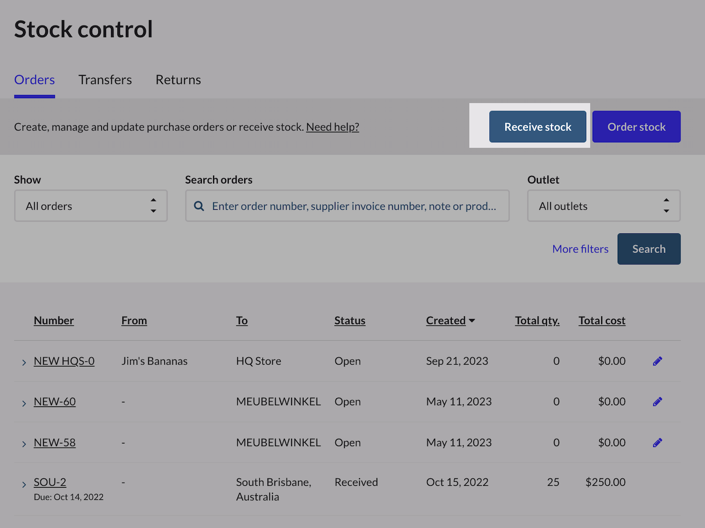 Option Réceptionner des stocks sur la page Gestion des stocks.