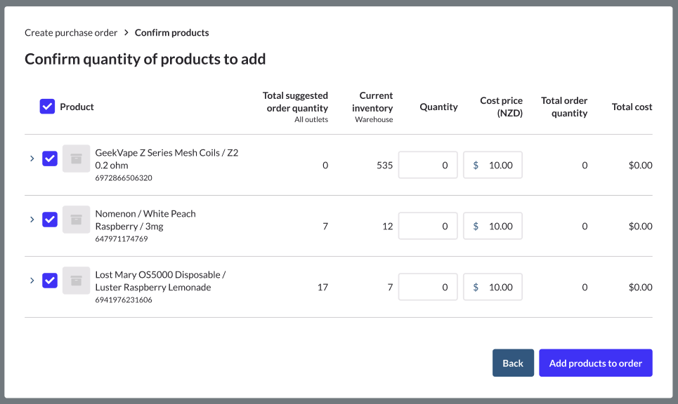 Page Confirmer les produits de la fenêtre contextuelle de création d’un bon de commande. Un tableau comprenant des renseignements sur les produits ajoutés au bon de commande et des options de quantité est visible.