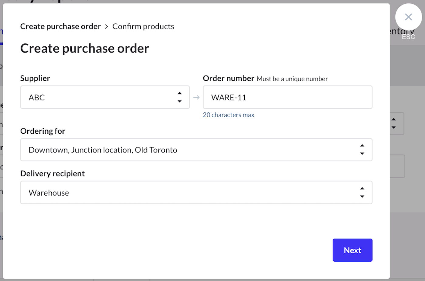Fenêtre contextuelle Créer un bon de commande.