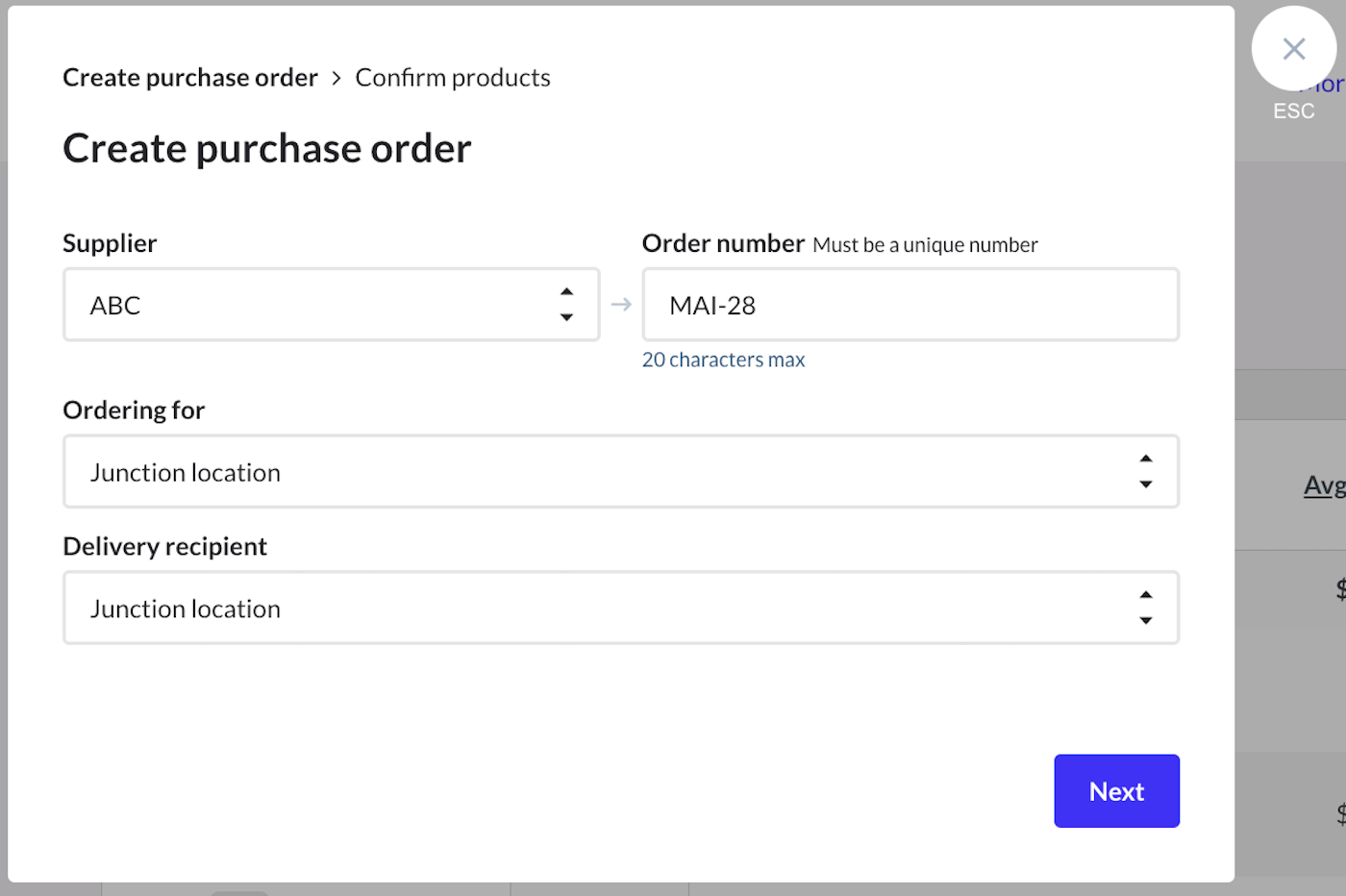 Fenêtre contextuelle Créer un bon de commande.