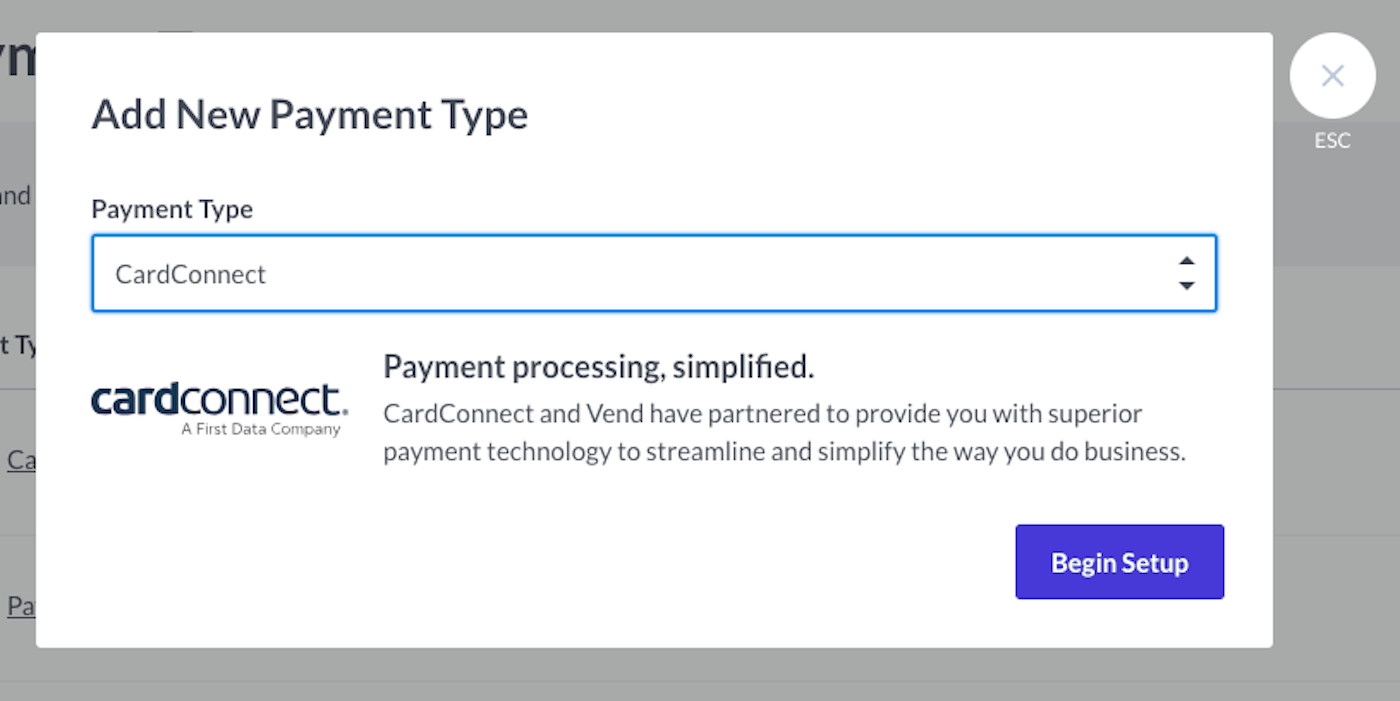 Option Démarrer la configuration pour CardConnect