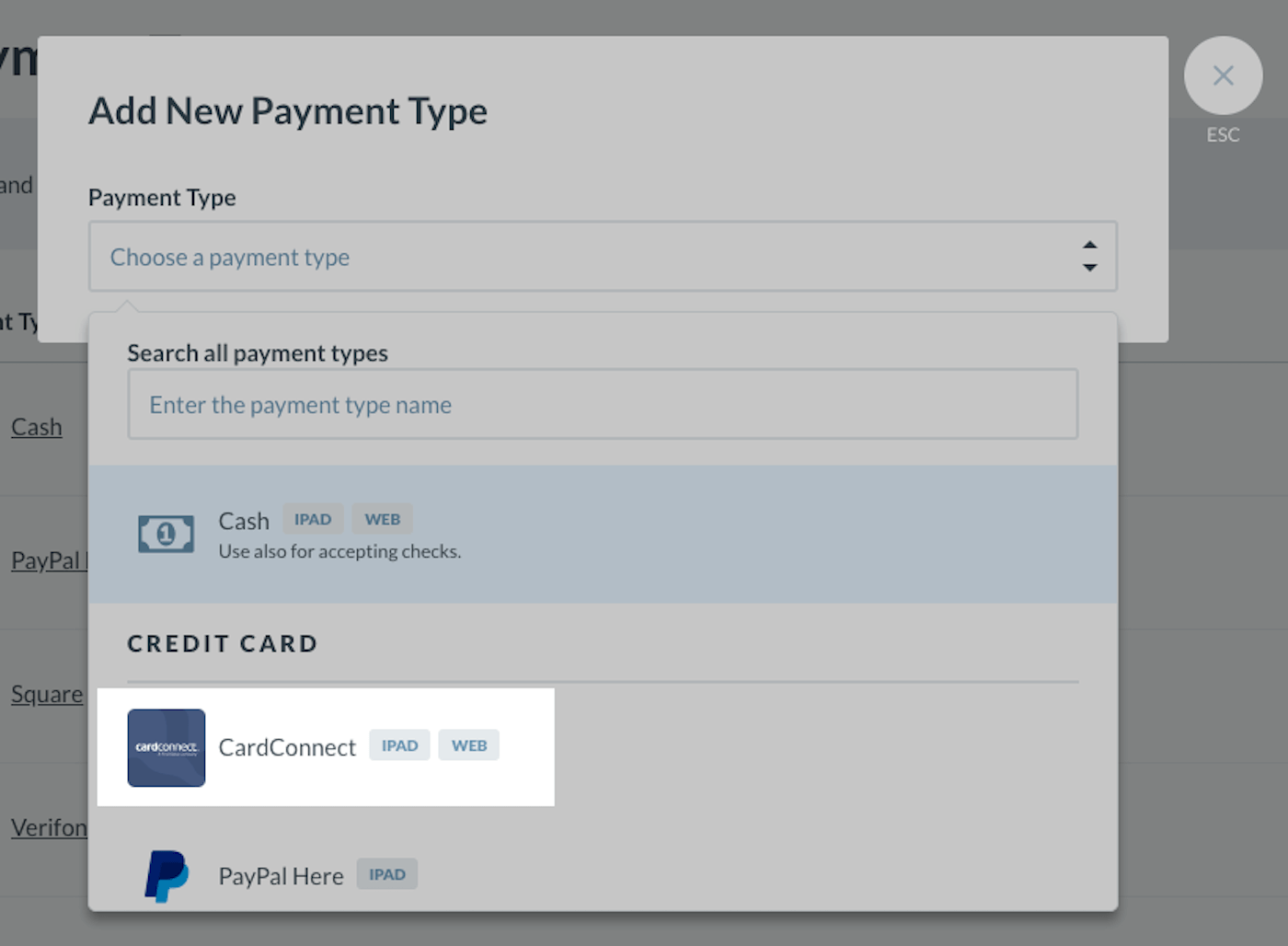 CardConnect est sélectionné en tant que type de paiement