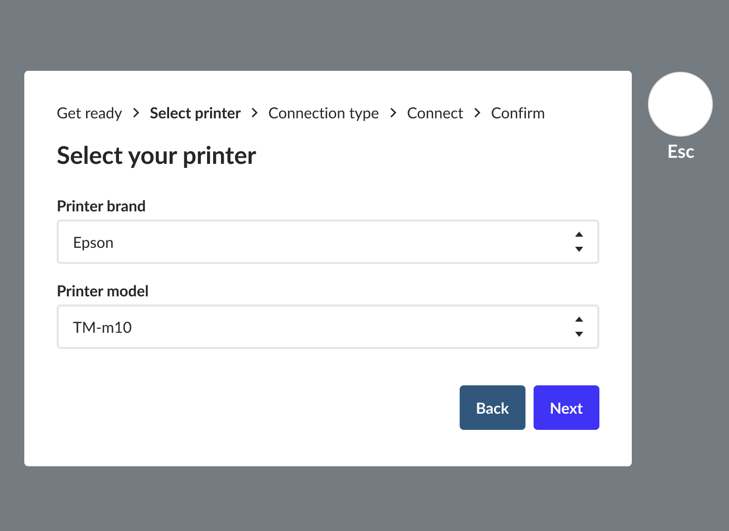 Fenêtre contextuelle Sélectionnez votre imprimante. Les options Epson et TM-m10 sont sélectionnées.
