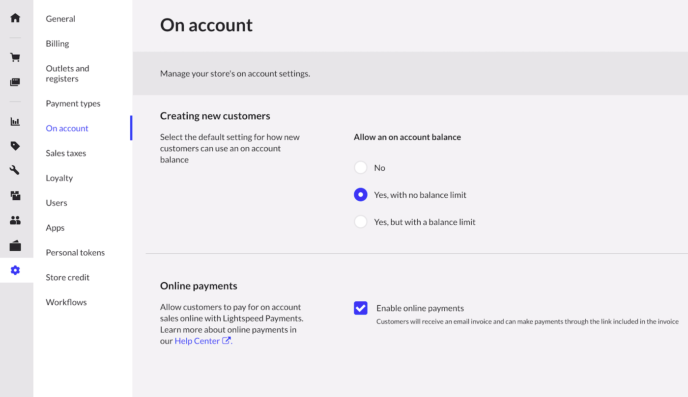 La page de configuration des paiements différés montre les options de modification des soldes de paiement différé pour les nouveaux clients.