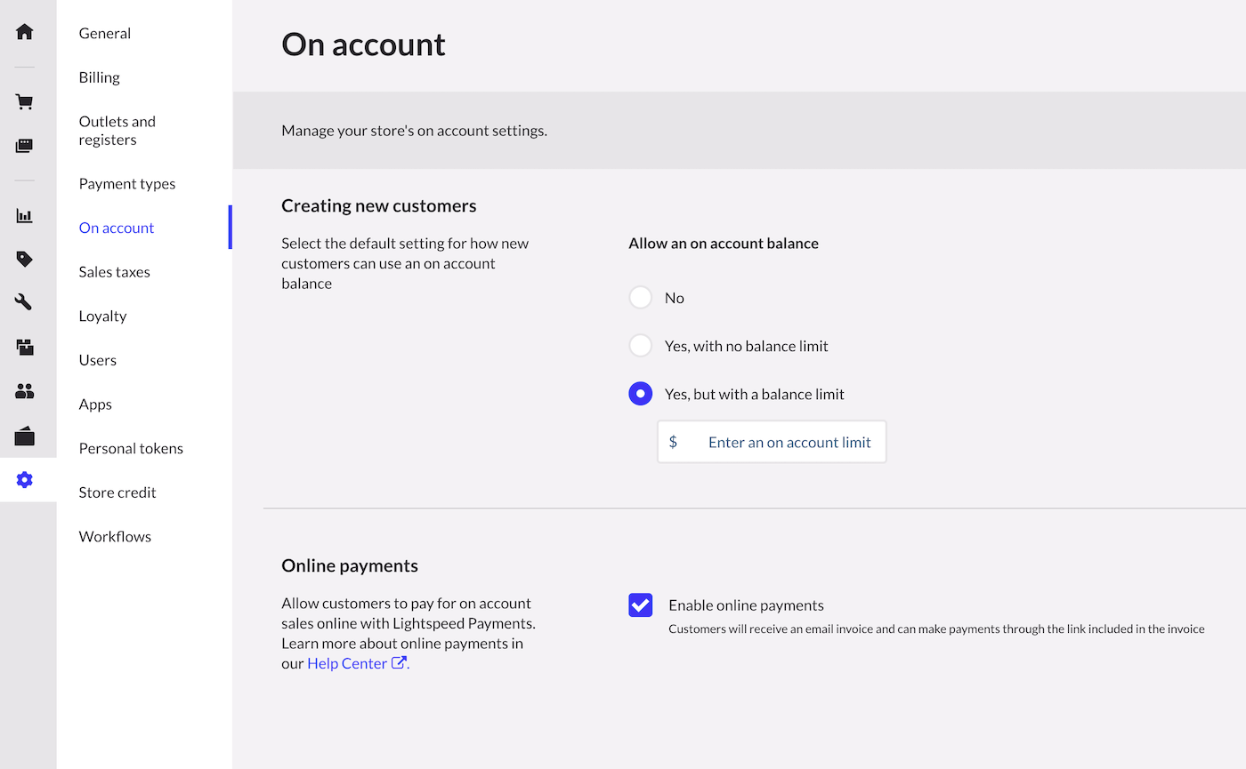 Page de configuration des paiements différés, l’option Oui, avec une limite de solde est sélectionnée et le champ permettant de saisir une limite de solde personnalisée est visible.