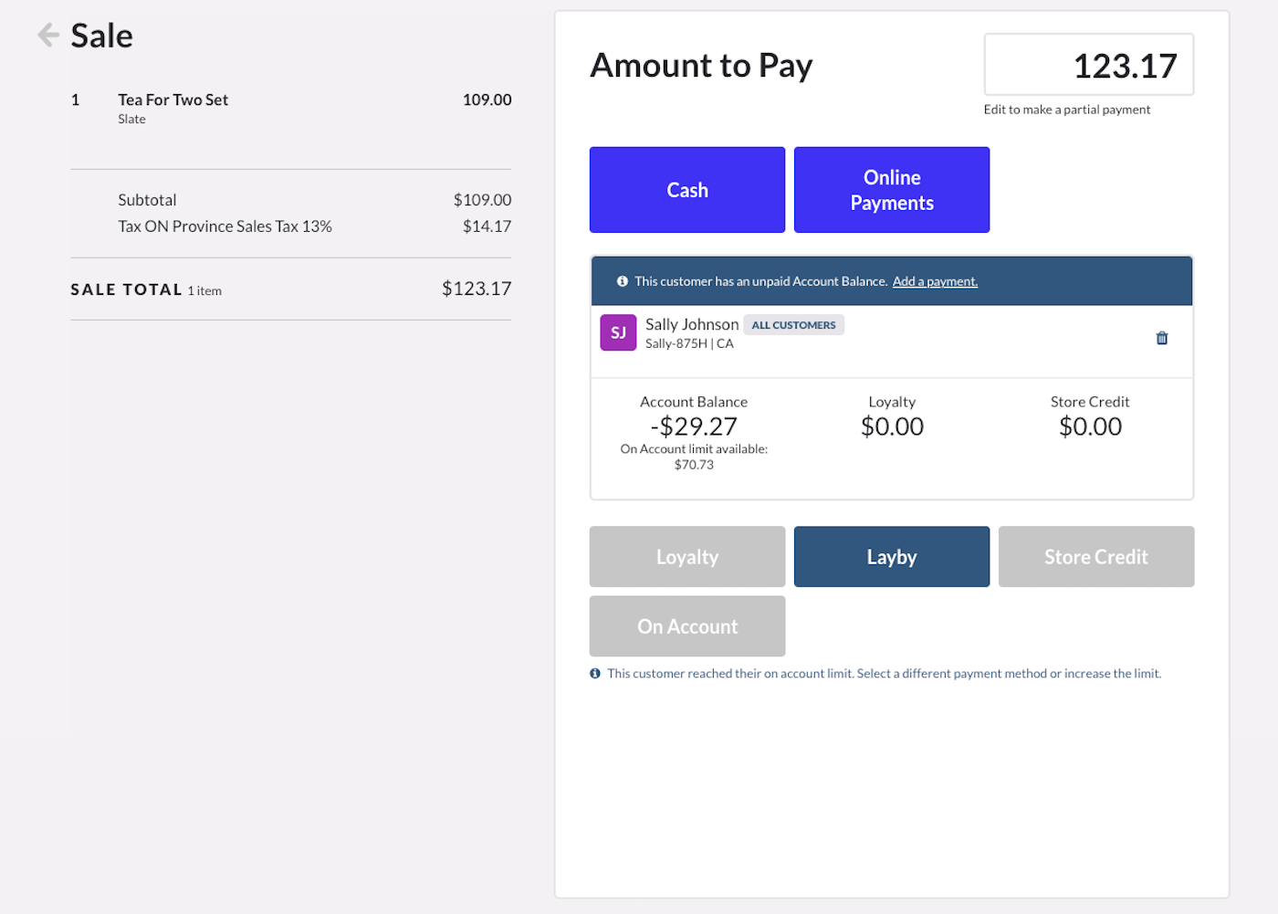 Vente où les fonds disponibles pour le paiement différé sont insuffisants et où l’option de paiement différé est désactivée.
