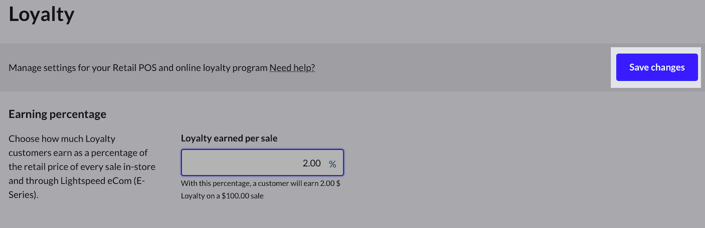 Loyalty page with Save changes button emphasized.