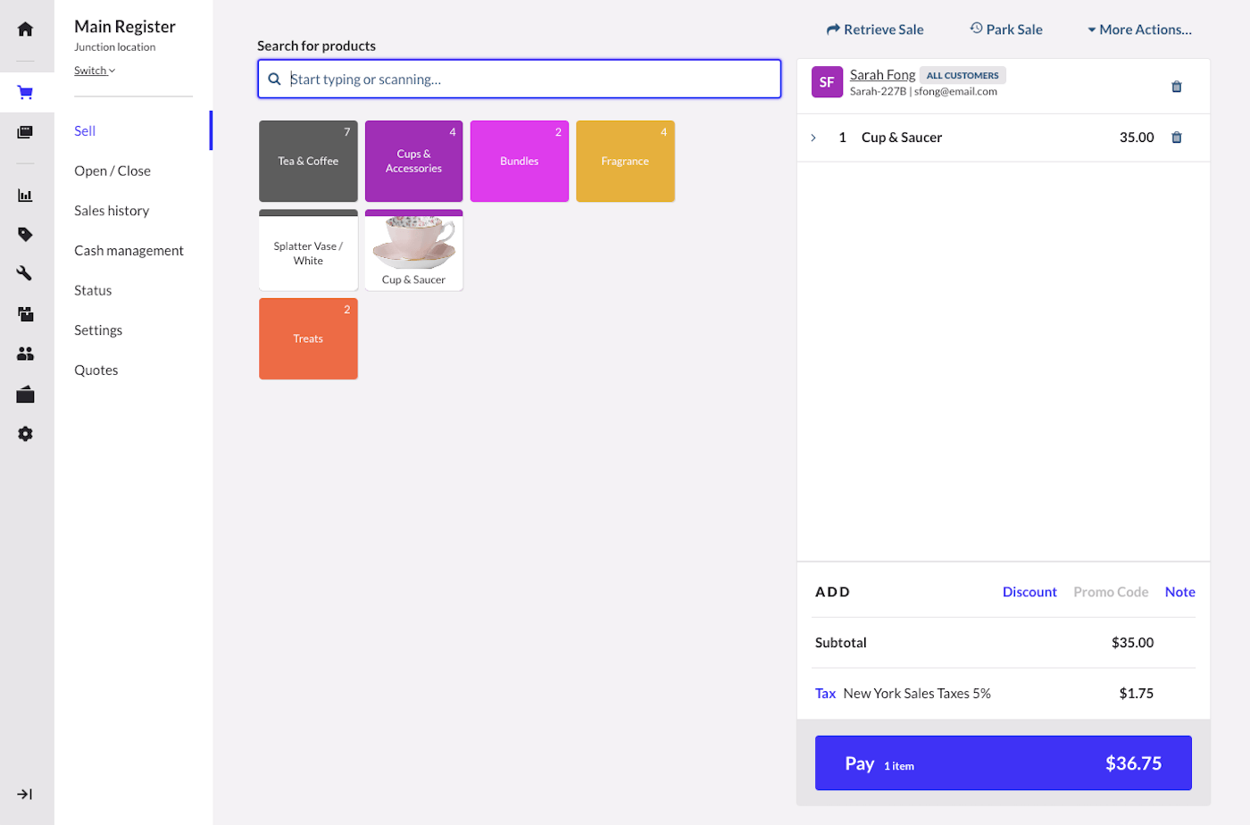 Retail POS sell screen with items and customer attached.